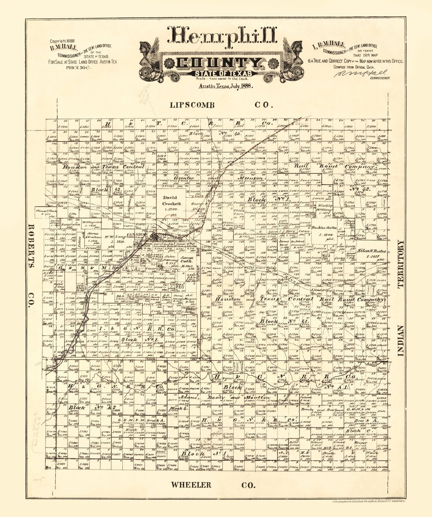 Vintage Map of Hemphill County, Texas 1888