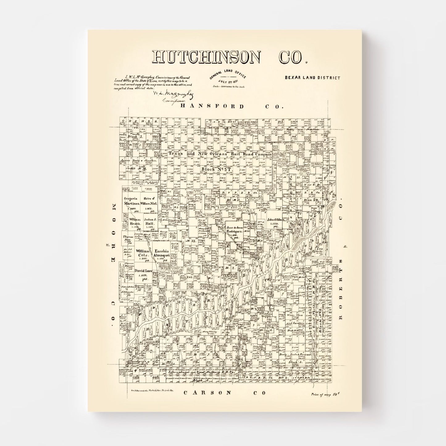 Vintage Map of Hutchinson County, Texas 1891