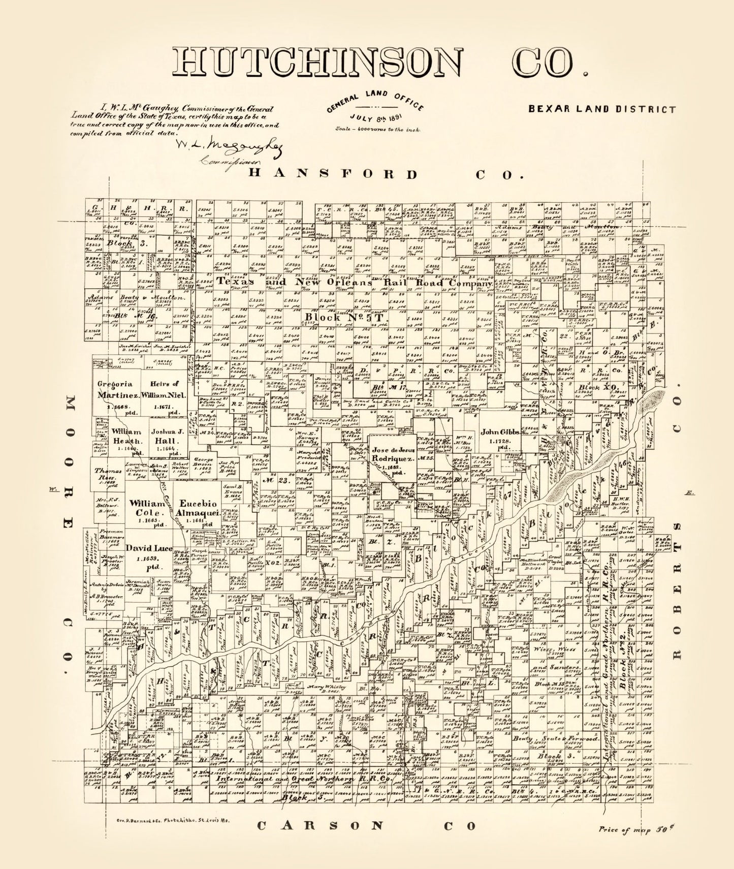 Vintage Map of Hutchinson County, Texas 1891