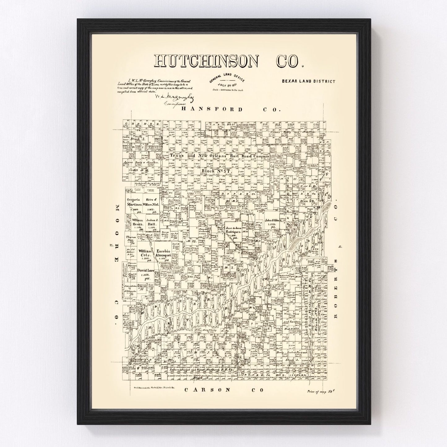 Vintage Map of Hutchinson County, Texas 1891