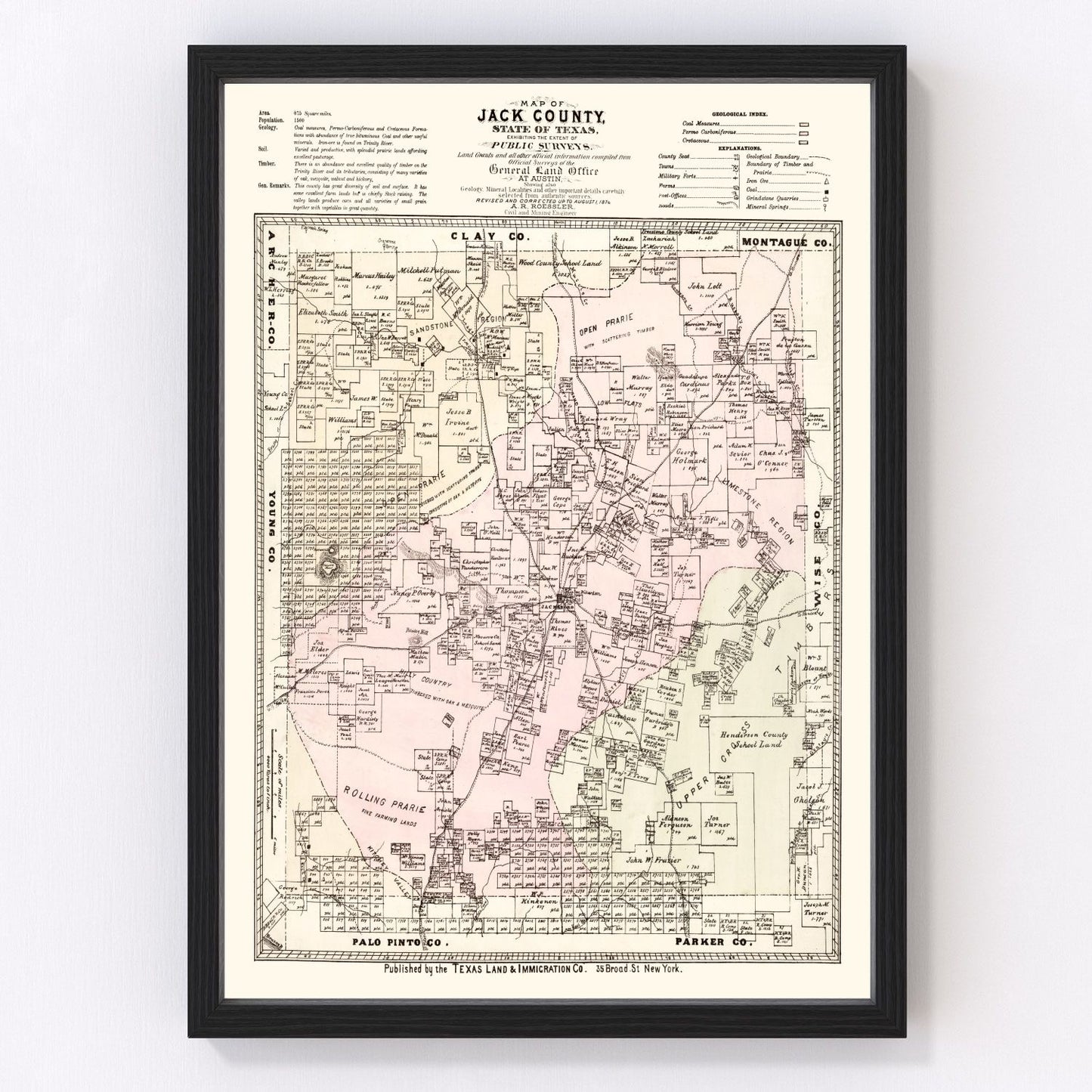 Vintage Map of Jack County, Texas 1876