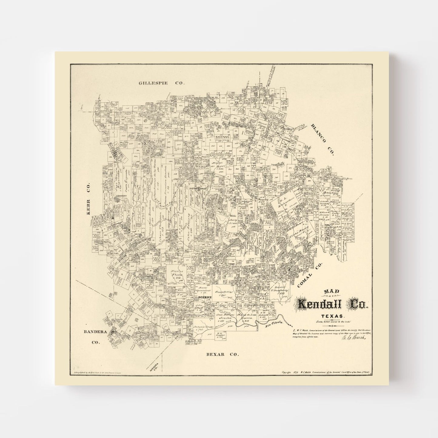 Vintage Map of Kendall County, Texas 1879