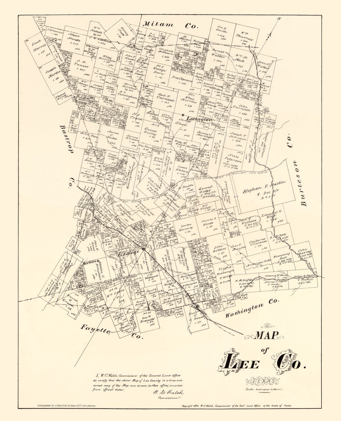 Vintage Map of Lee County, Texas 1879