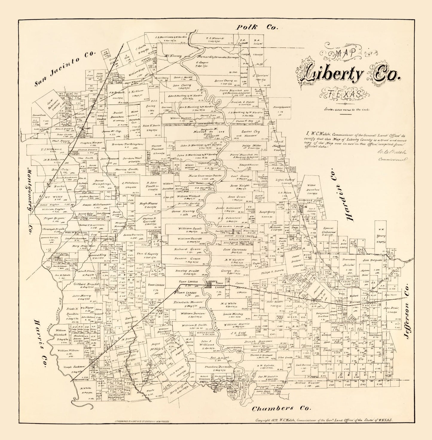 Vintage Map of Liberty County, Texas 1879
