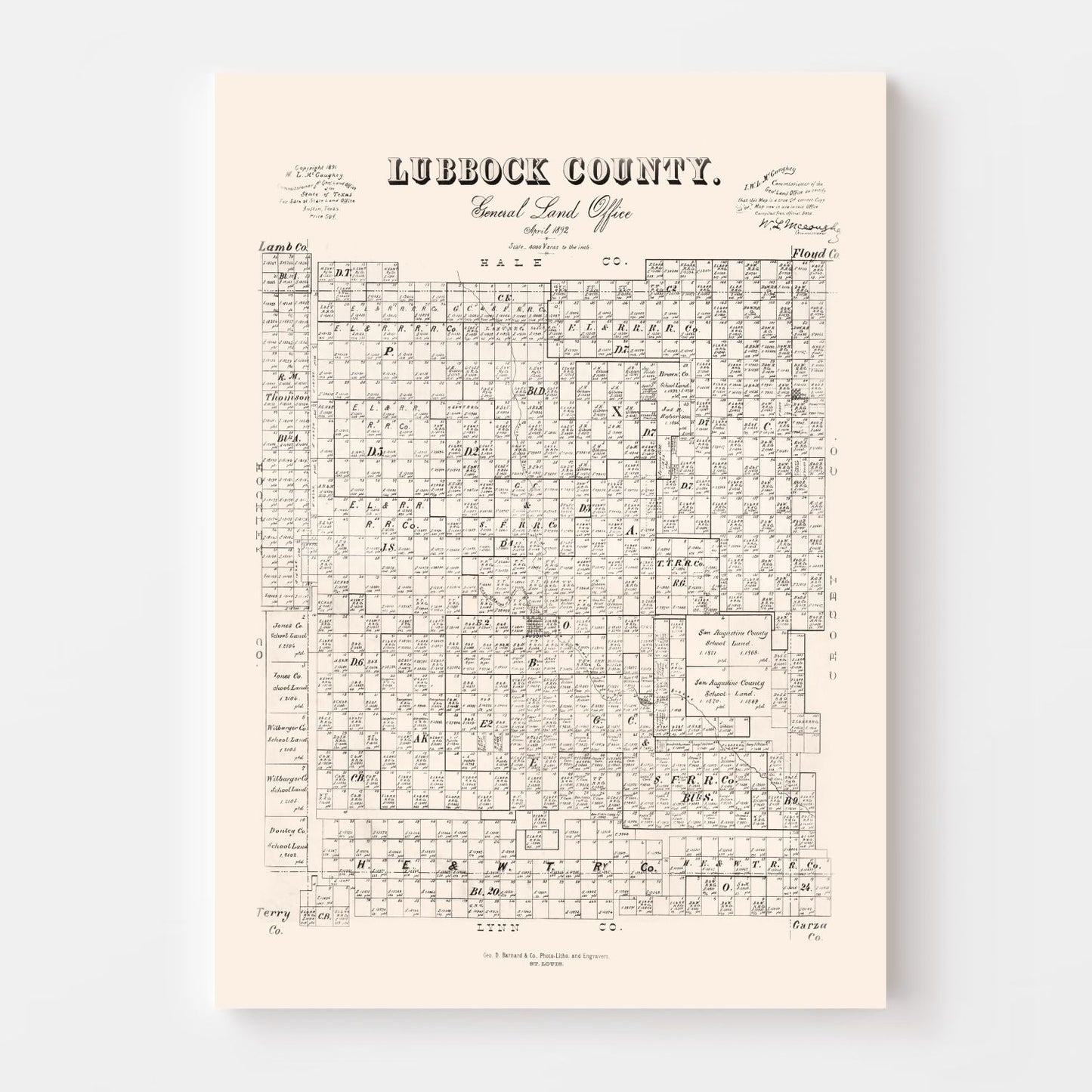 Vintage Map of Lubbock County, Texas 1892