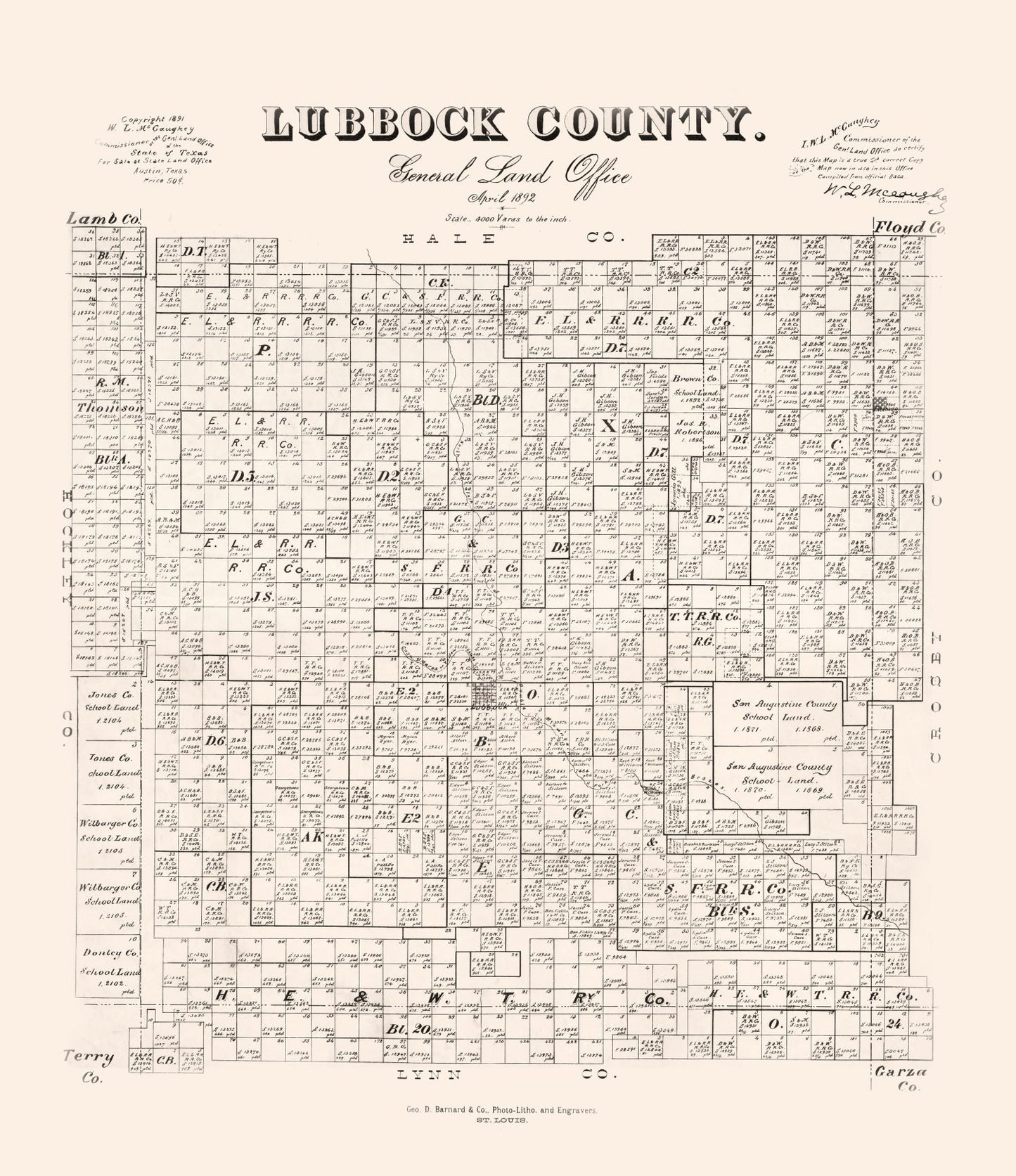 Vintage Map of Lubbock County, Texas 1892