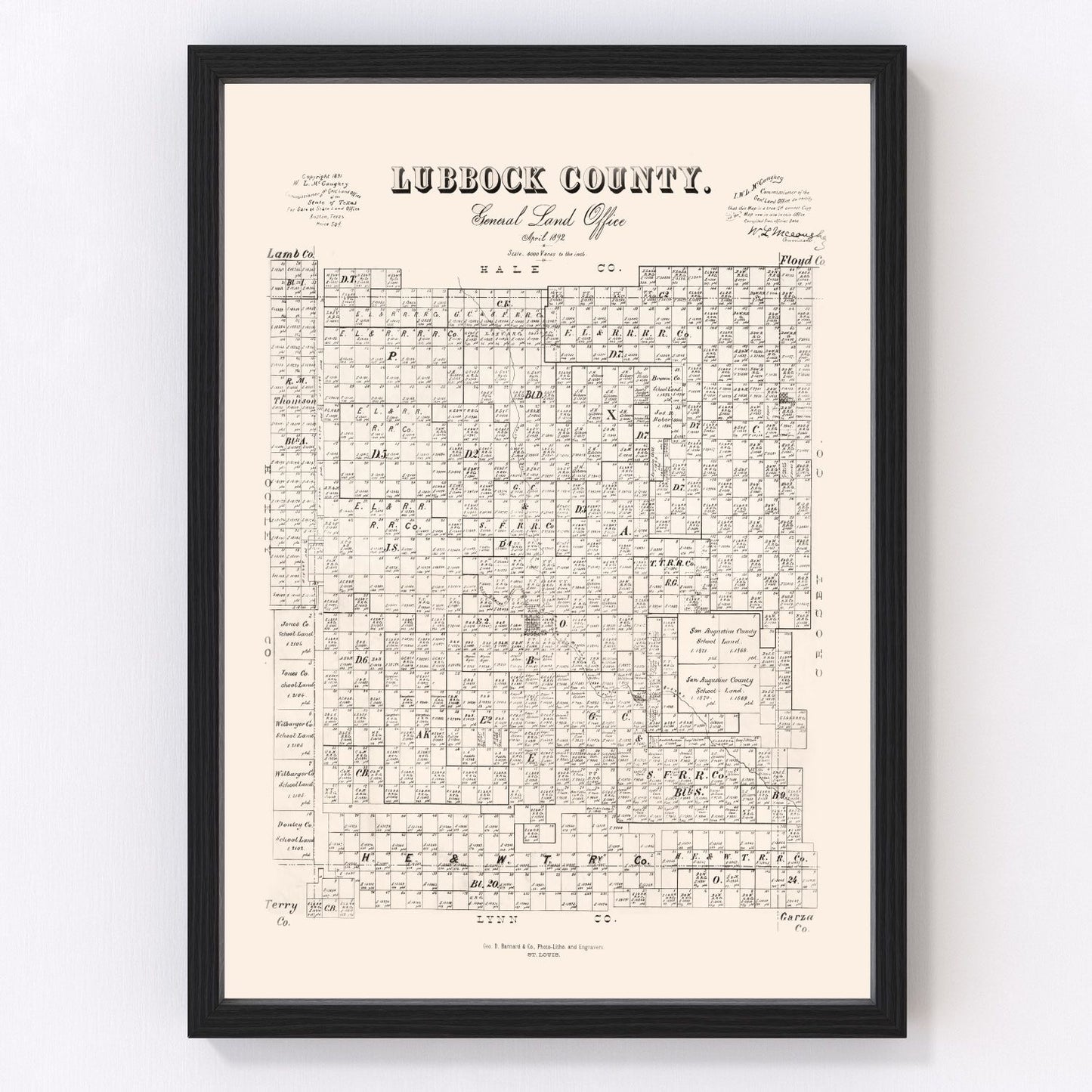 Vintage Map of Lubbock County, Texas 1892