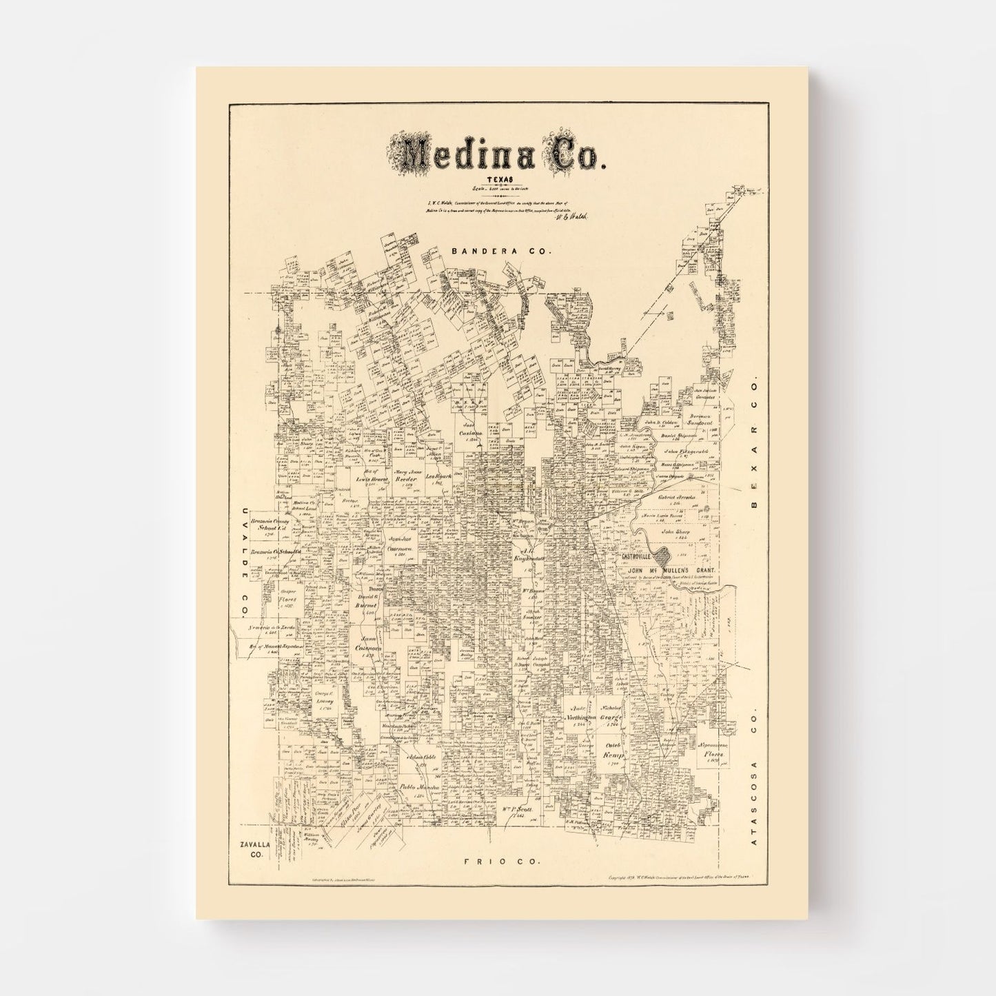 Vintage Map of Medina County, Texas 1879