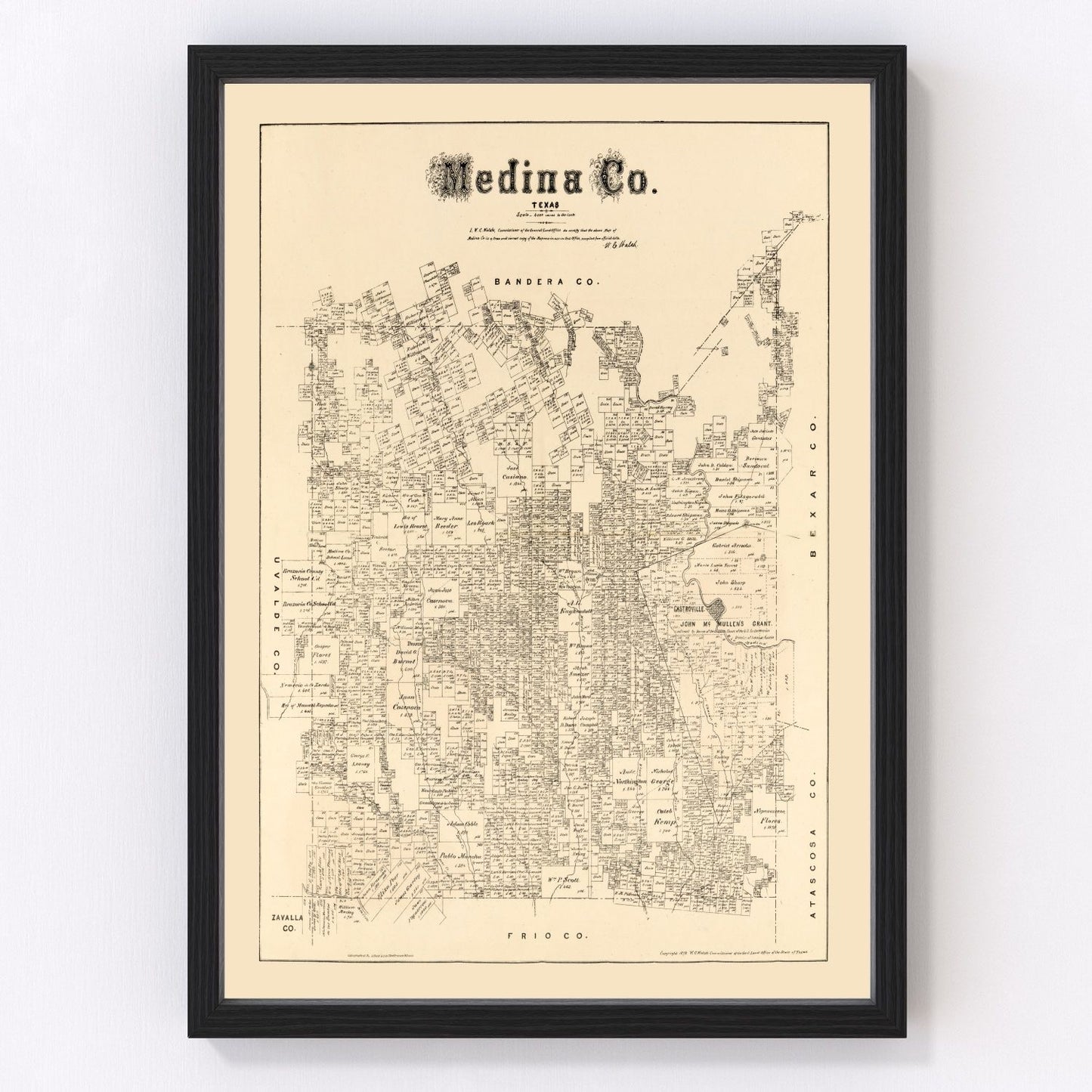 Vintage Map of Medina County, Texas 1879