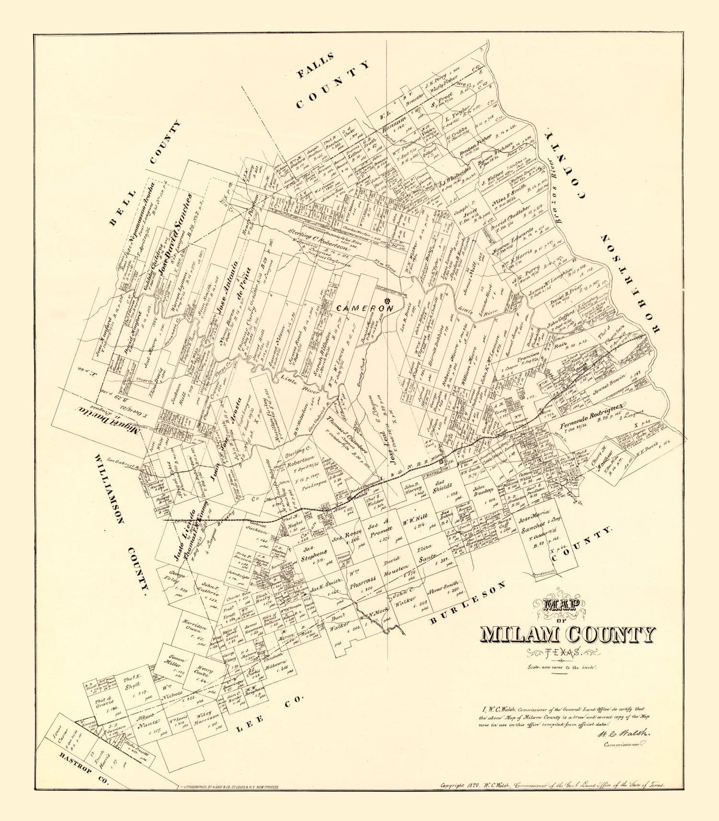 Vintage Map of Milam County, Texas 1879