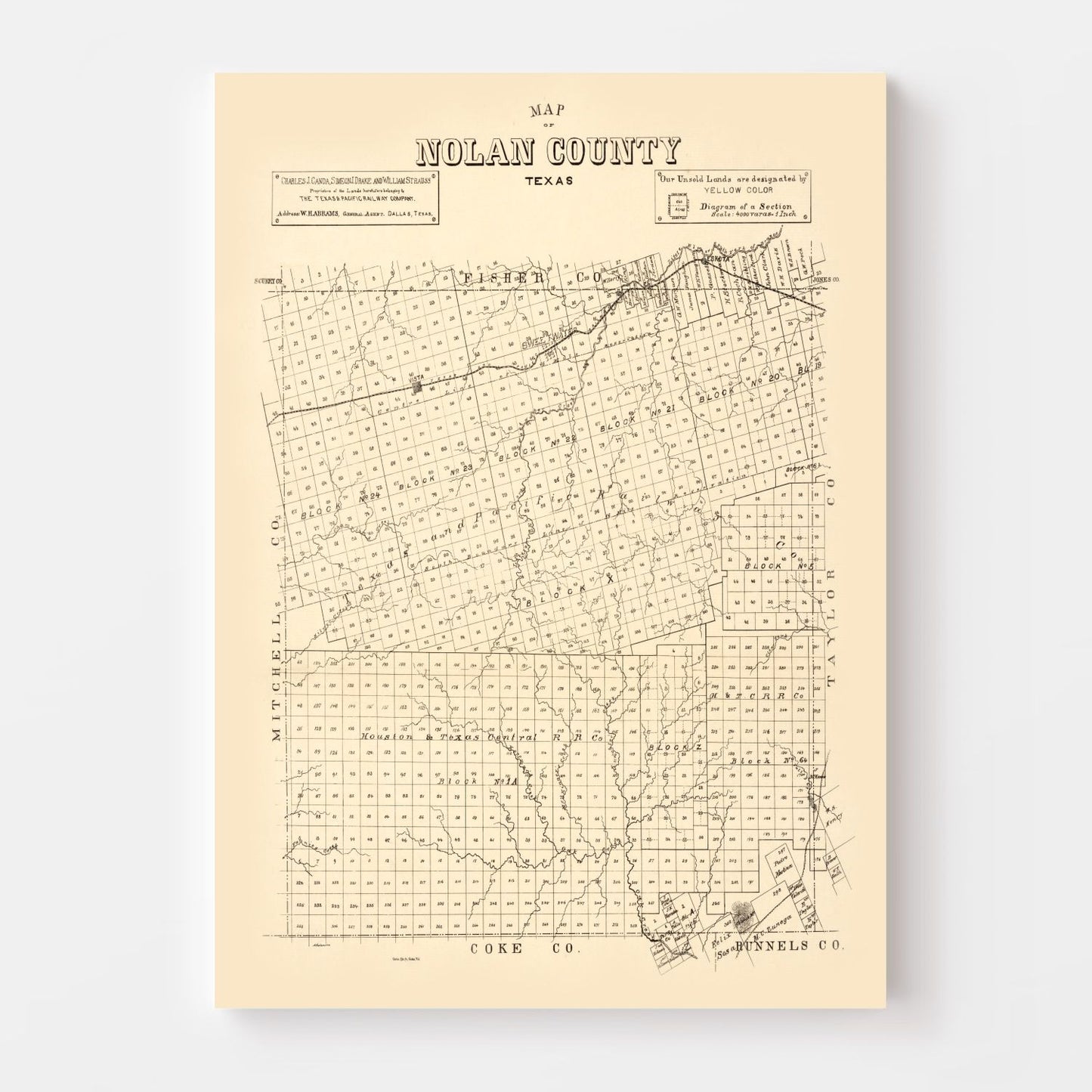 Vintage Map of Nolan County, Texas 1890