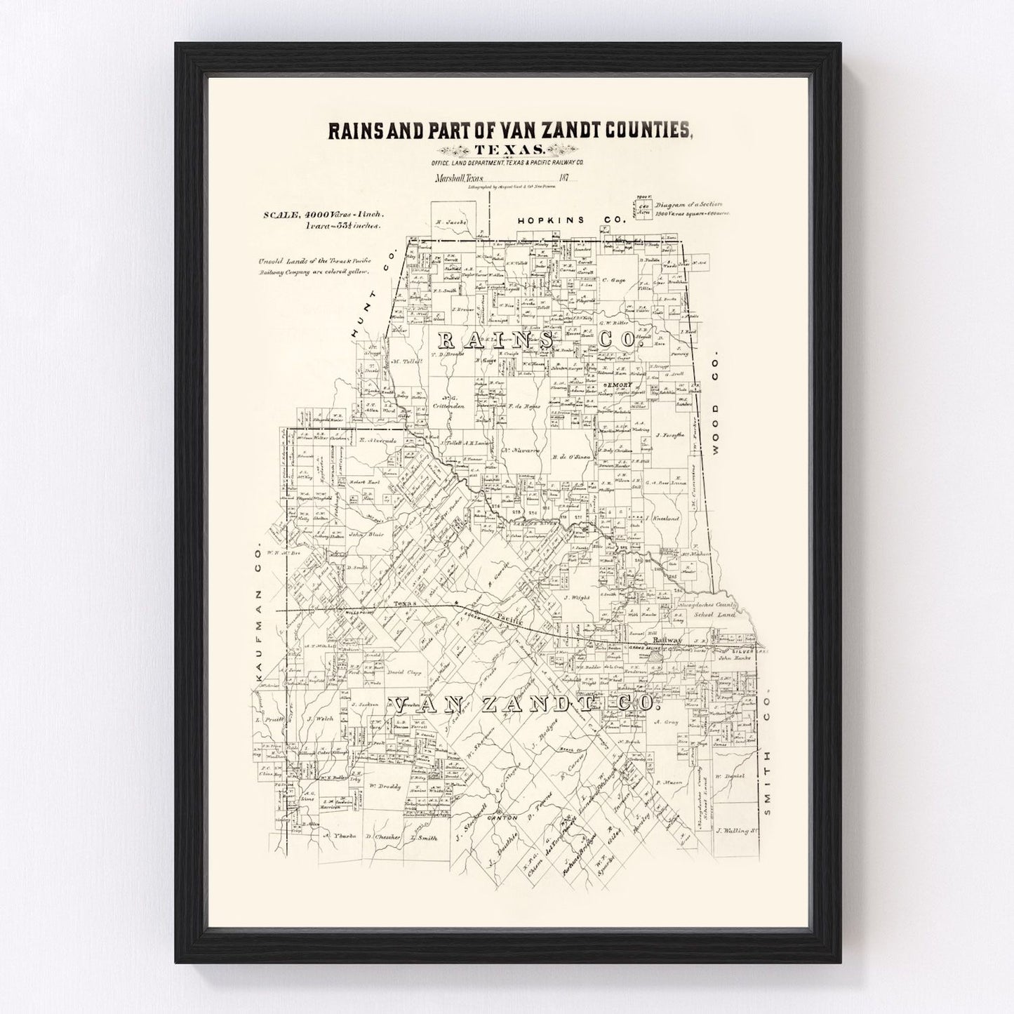 Vintage Map of Rains County, Texas 1870