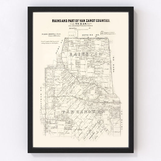 Vintage Map of Rains County, Texas 1870