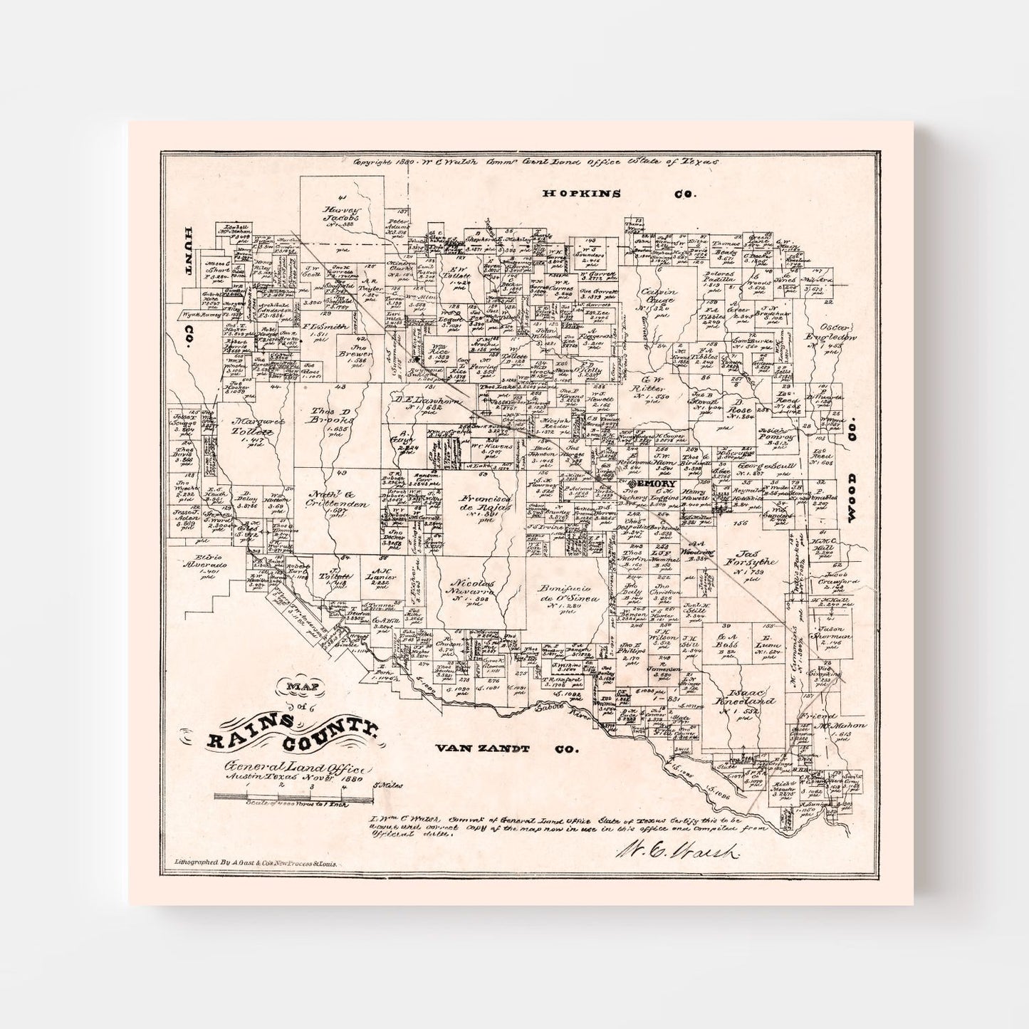 Vintage Map of Rains County, Texas 1880