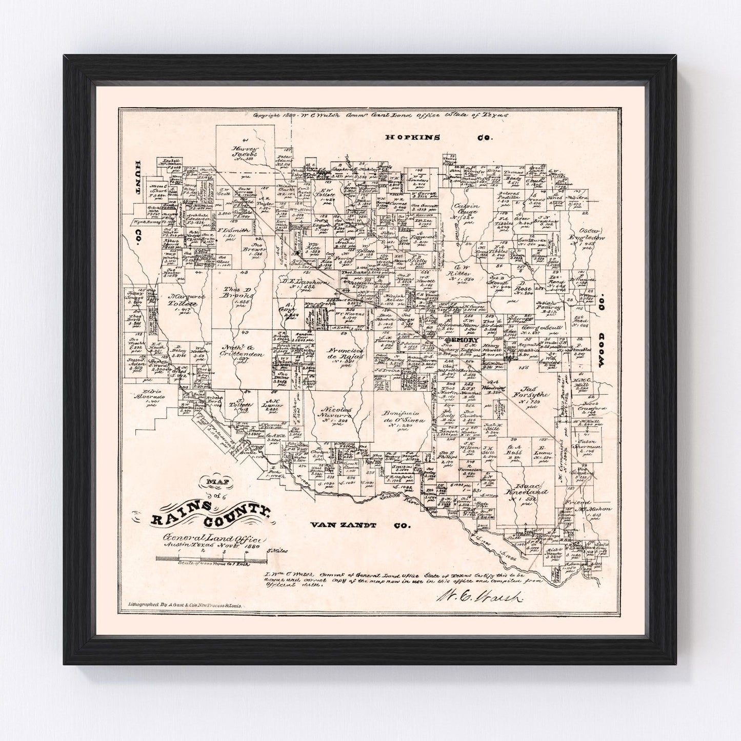 Vintage Map of Rains County, Texas 1880