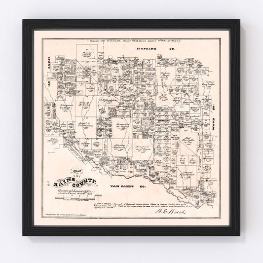 Vintage Map of Rains County, Texas 1880