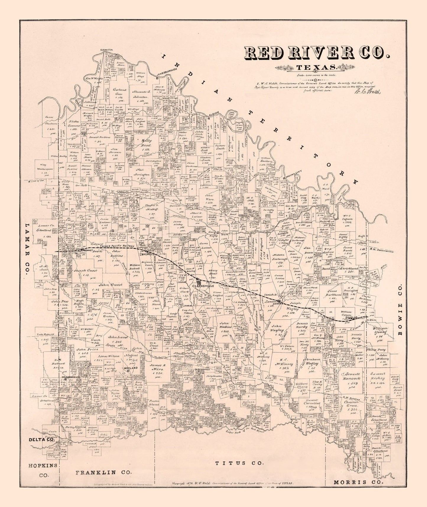 Vintage Map of Red River County, Texas 1879