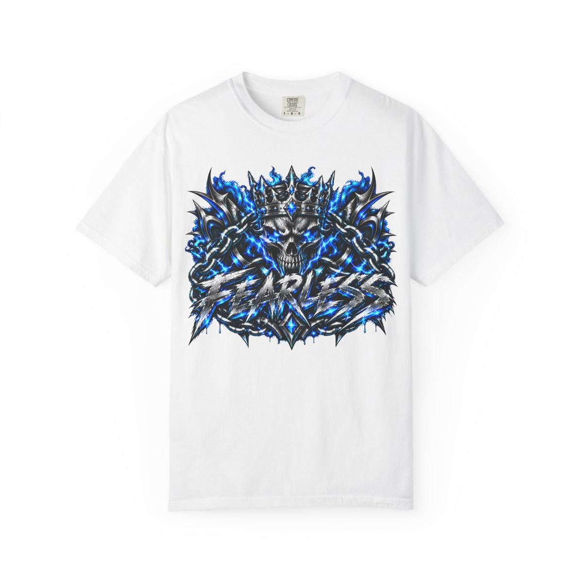 Skull Throne Graphic T-Shirt — Blue Lightning Heavy Metal Tee