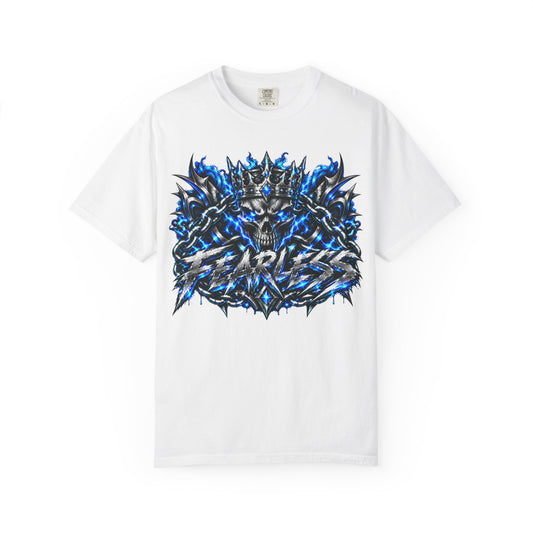 Skull Throne Graphic T-Shirt — Blue Lightning Heavy Metal Tee