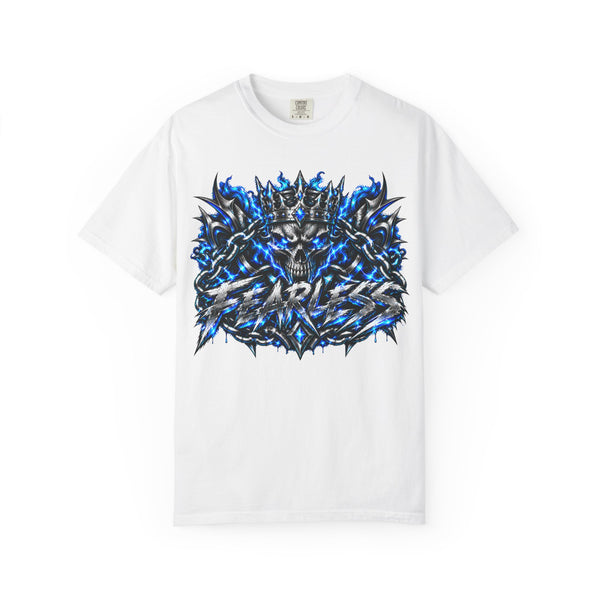 Skull Throne Graphic T-Shirt — Blue Lightning Heavy Metal Tee