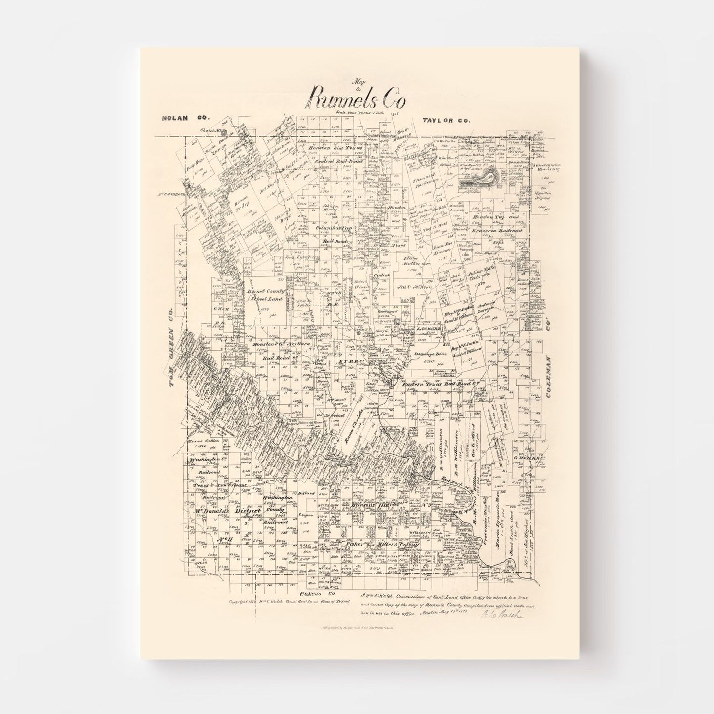 Vintage Map of Runnels County, Texas 1879