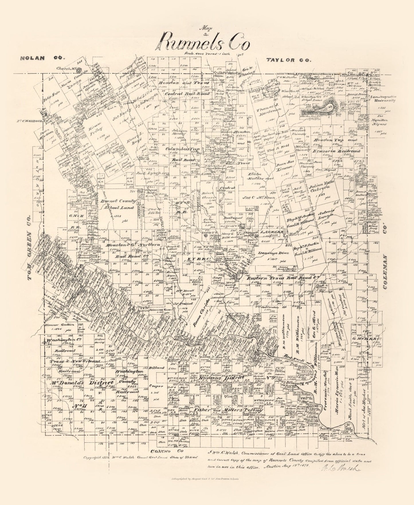 Vintage Map of Runnels County, Texas 1879