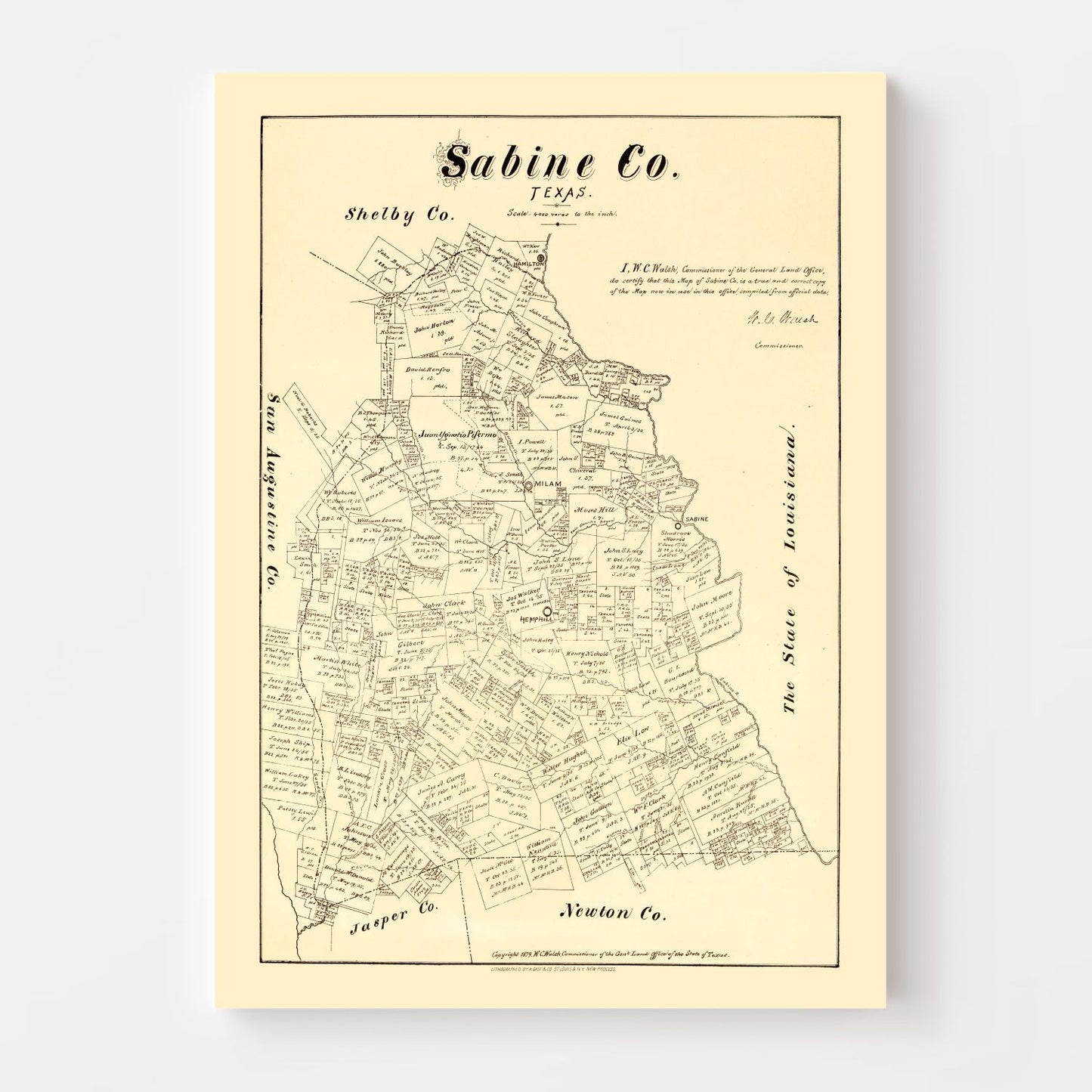 Vintage Map of Sabine County, Texas 1879