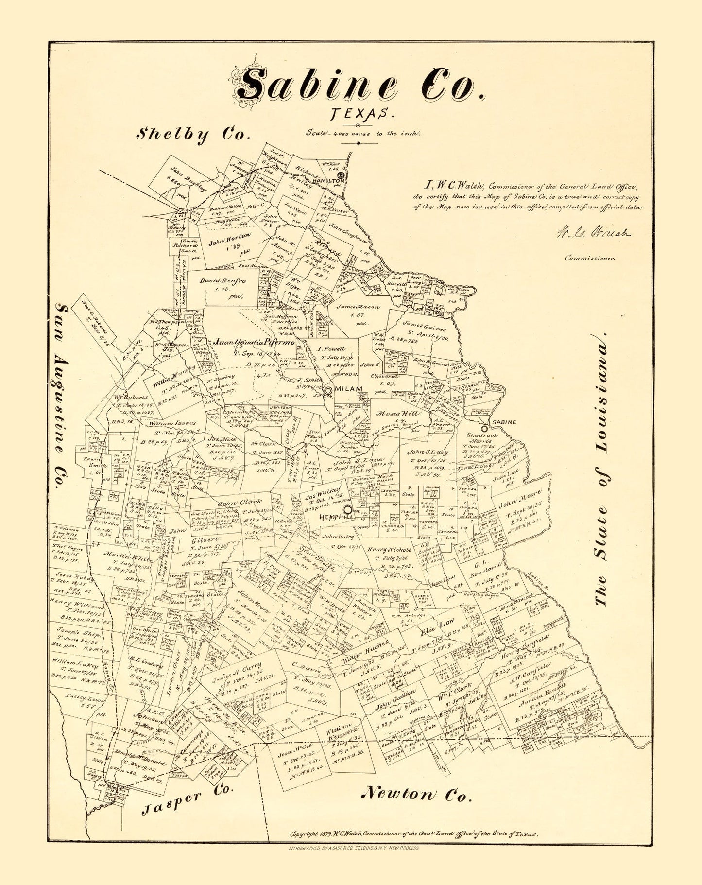 Vintage Map of Sabine County, Texas 1879