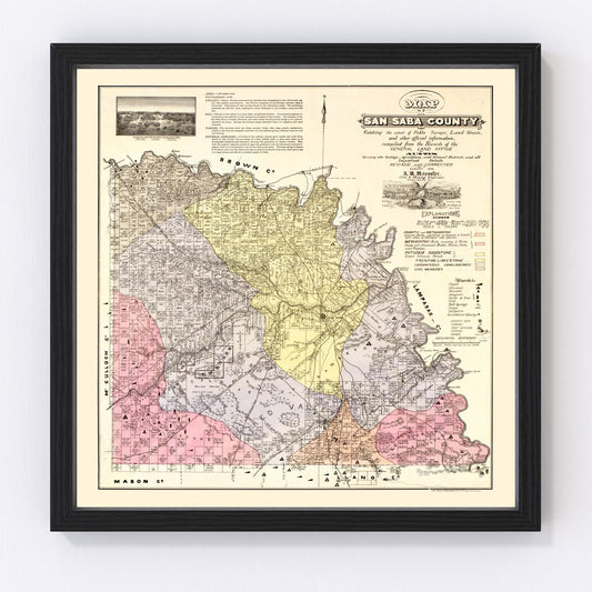 Vintage Map of San Saba County, Texas 1876