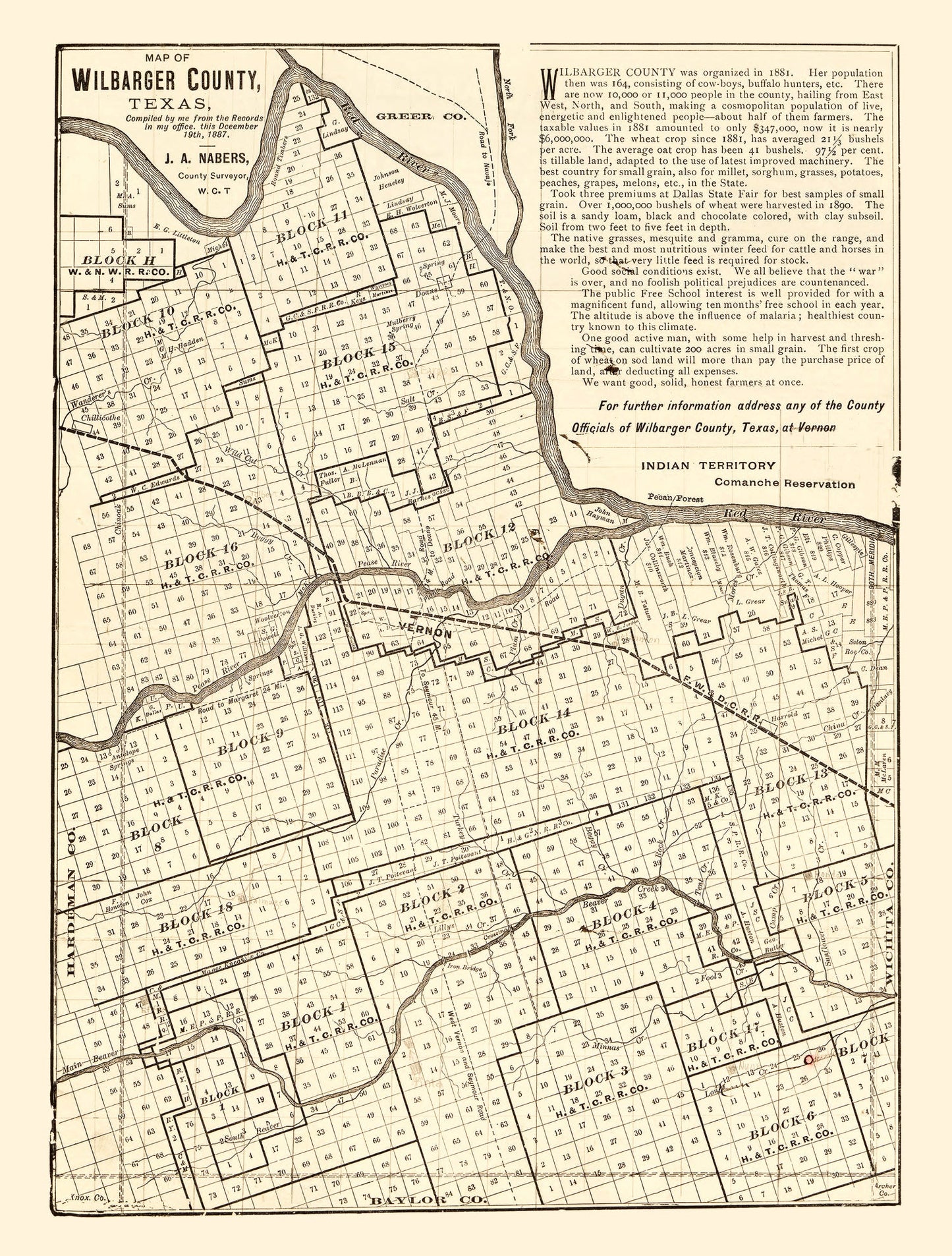 Vintage Map of Wilbarger County, Texas 1887