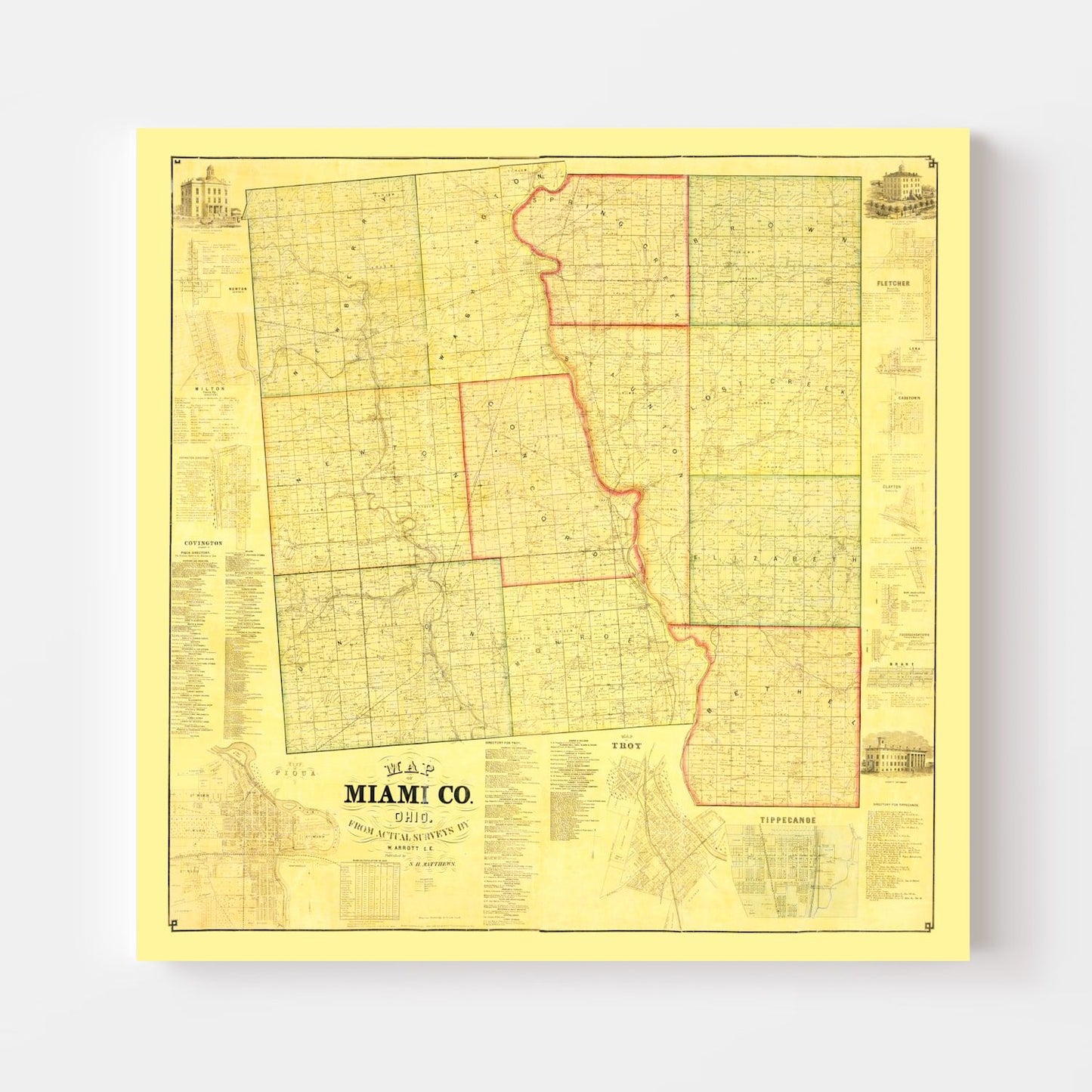 Vintage Map of Miami County, Ohio 1858