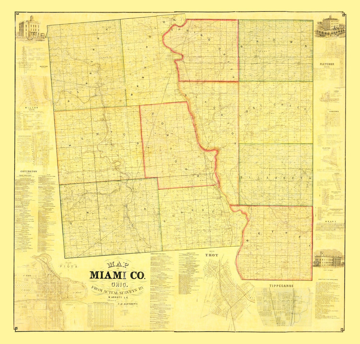 Vintage Map of Miami County, Ohio 1858