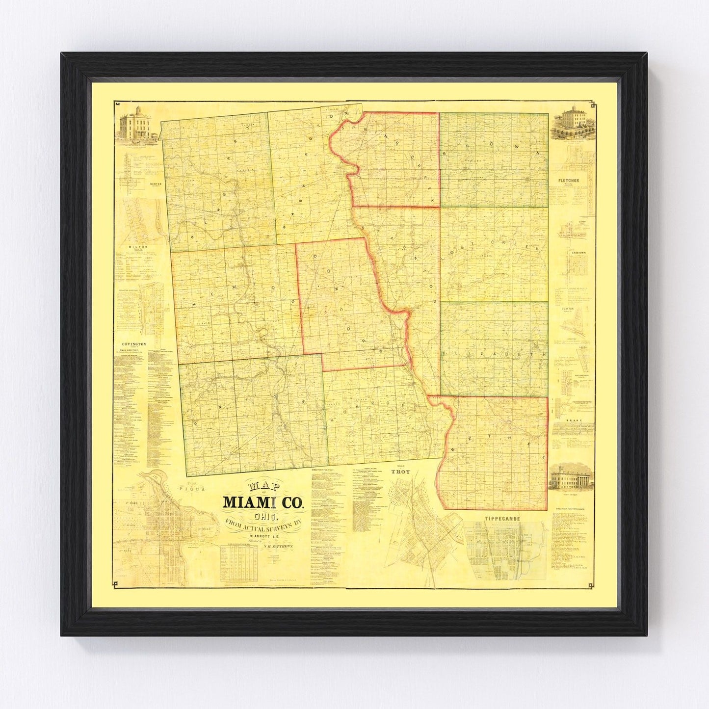 Vintage Map of Miami County, Ohio 1858