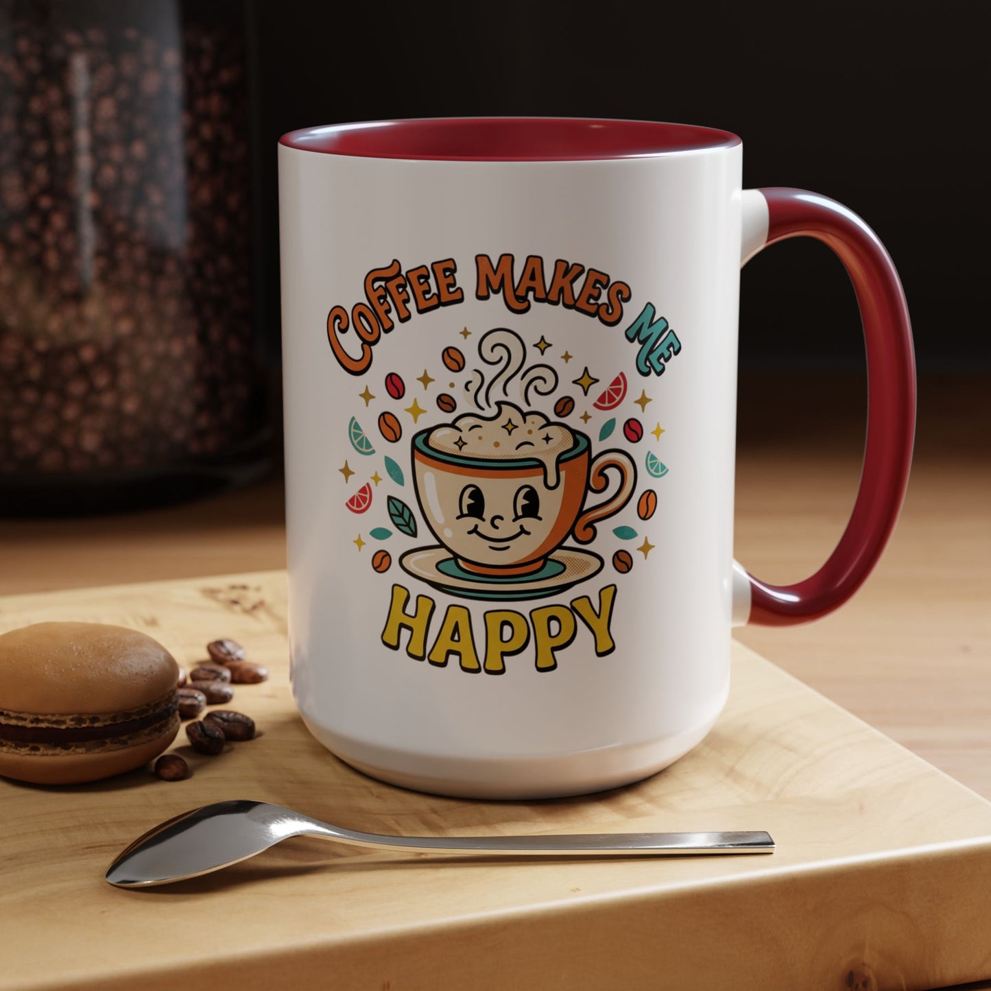 Coffee Mug — "Coffee Makes Me Happy" Cute Retro Accent Mug (11/15oz)