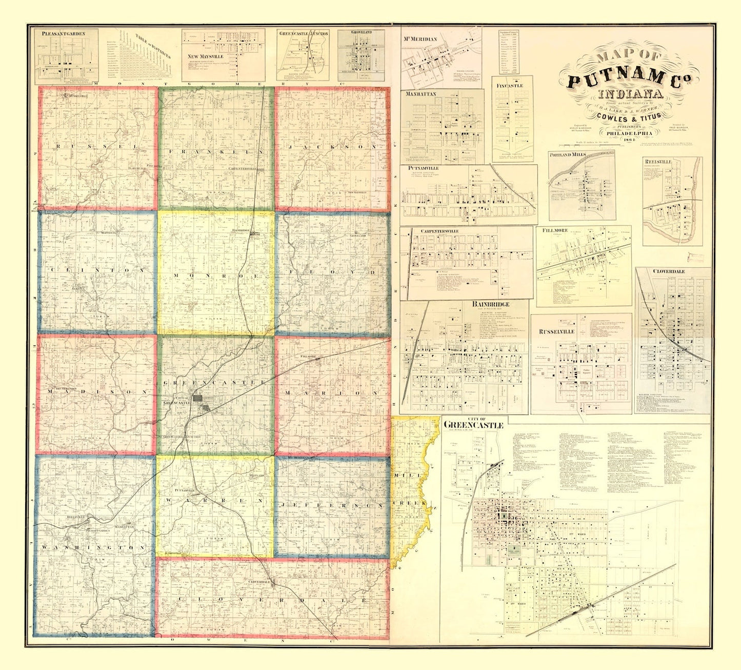 Vintage Map of Putnam County, Indiana 1864