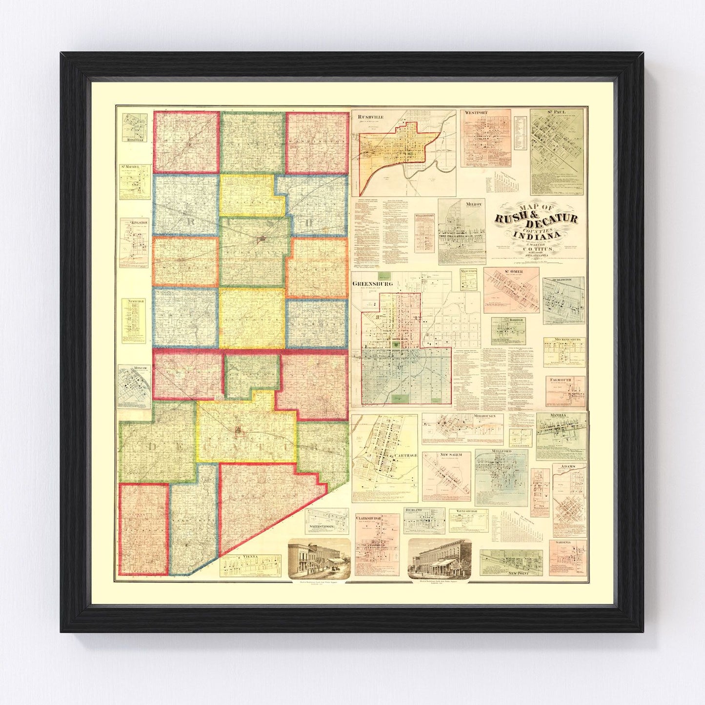 Vintage Map of Rush County, Indiana 1867