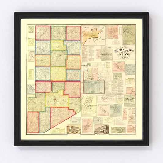 Vintage Map of Rush County, Indiana 1867
