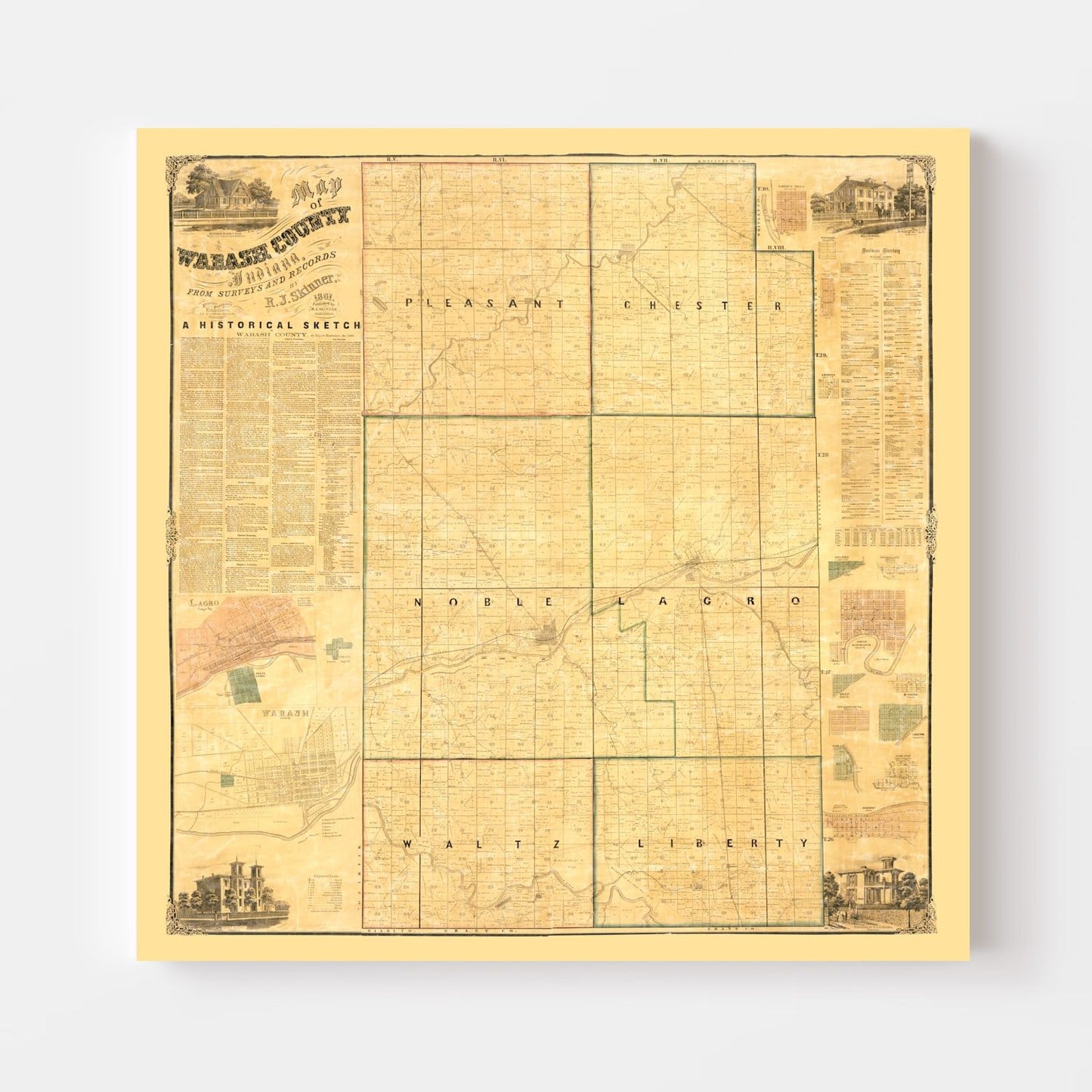 Vintage Map of Wabash County, Indiana 1861
