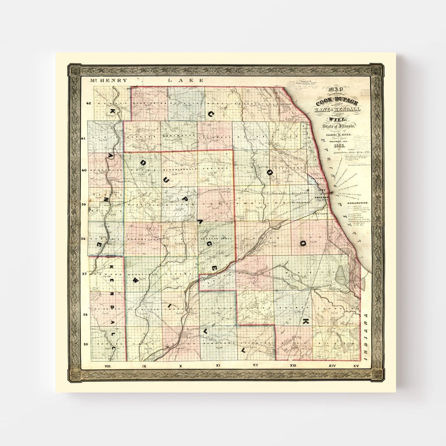 Vintage Map of Kane County, Illinois 1851