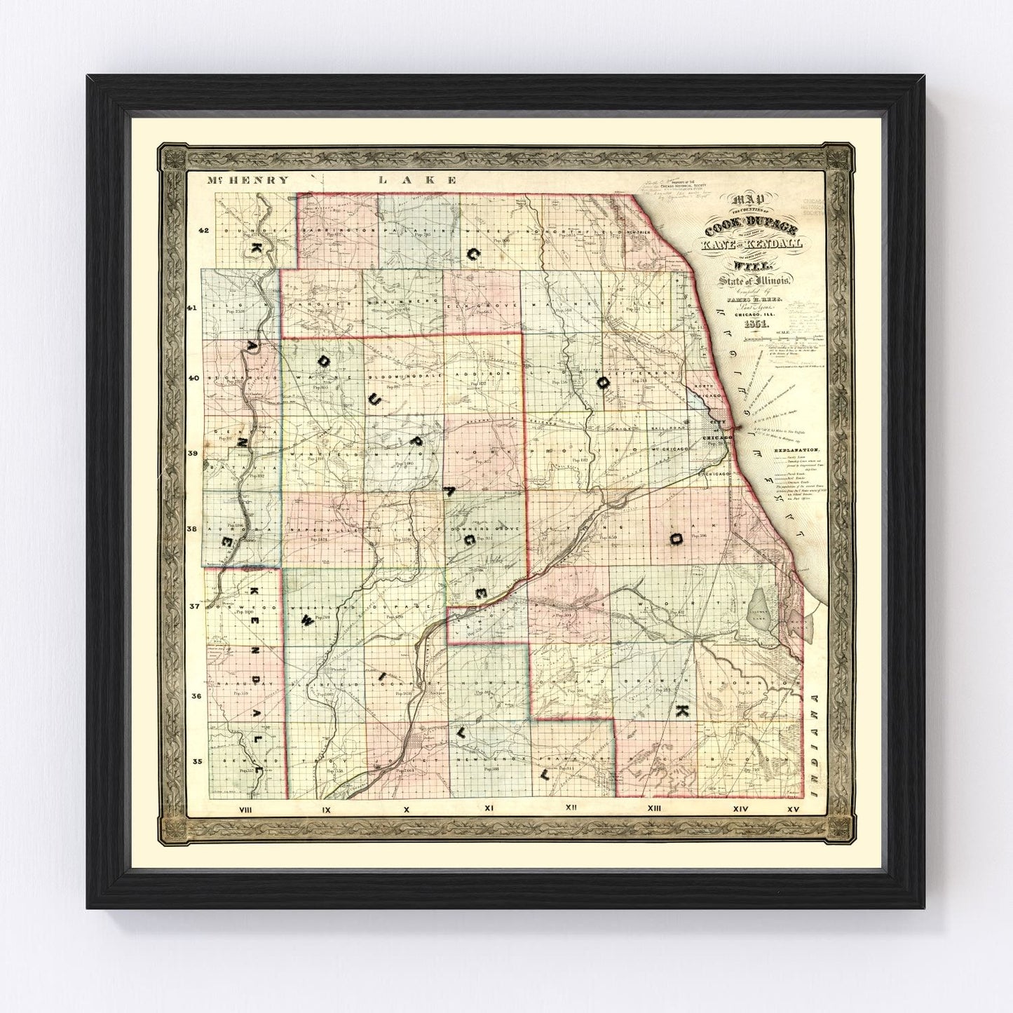 Vintage Map of Kane County, Illinois 1851