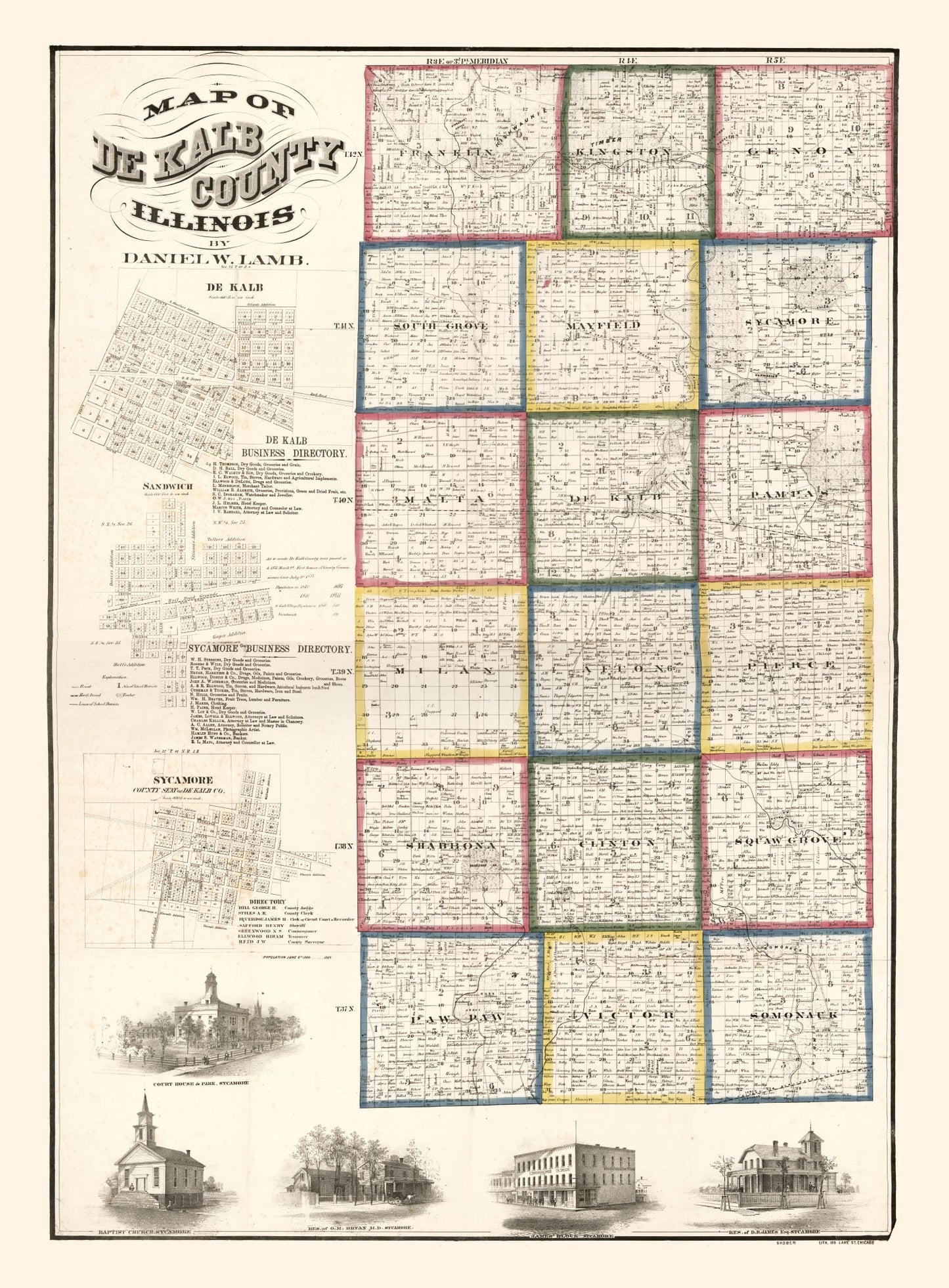Vintage Map of De Kalb County, Illinois 1860