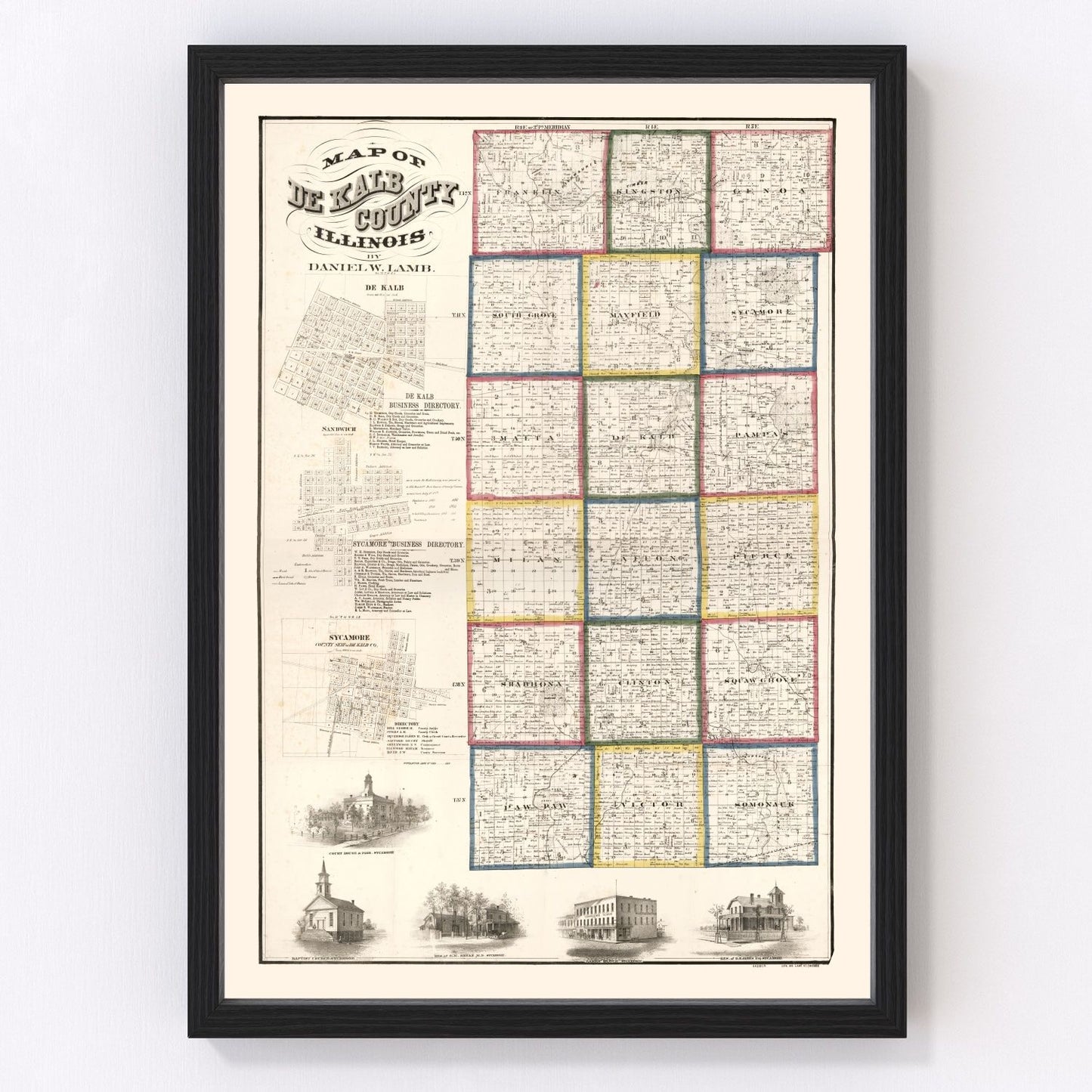 Vintage Map of De Kalb County, Illinois 1860