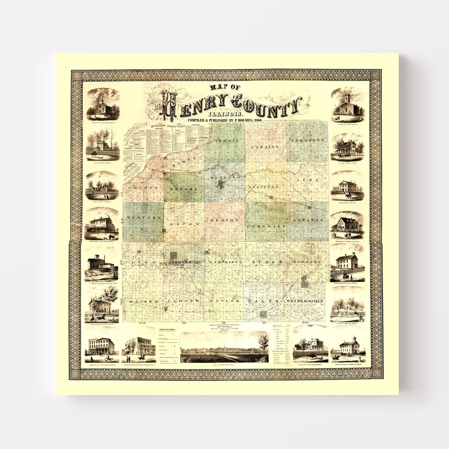 Vintage Map of Henry County, Illinois 1860