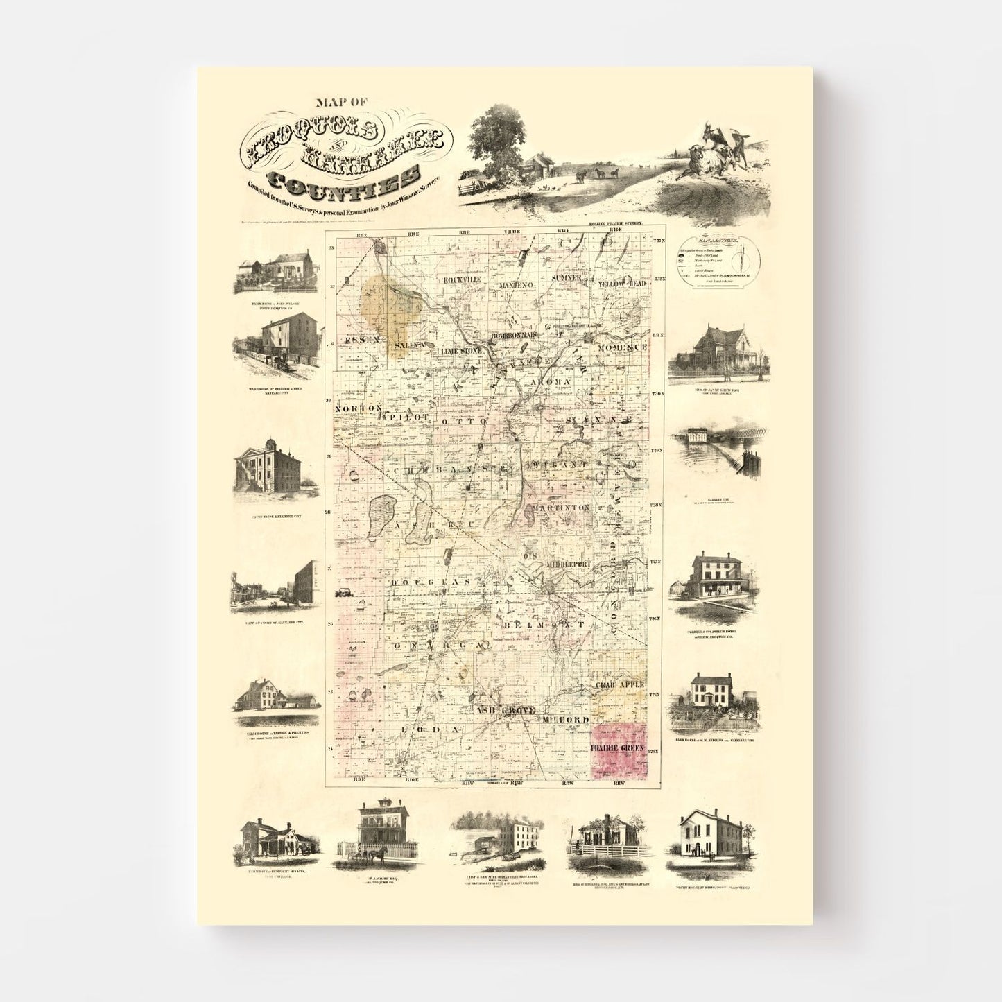 Vintage Map of Iroquois County, Illinois 1860