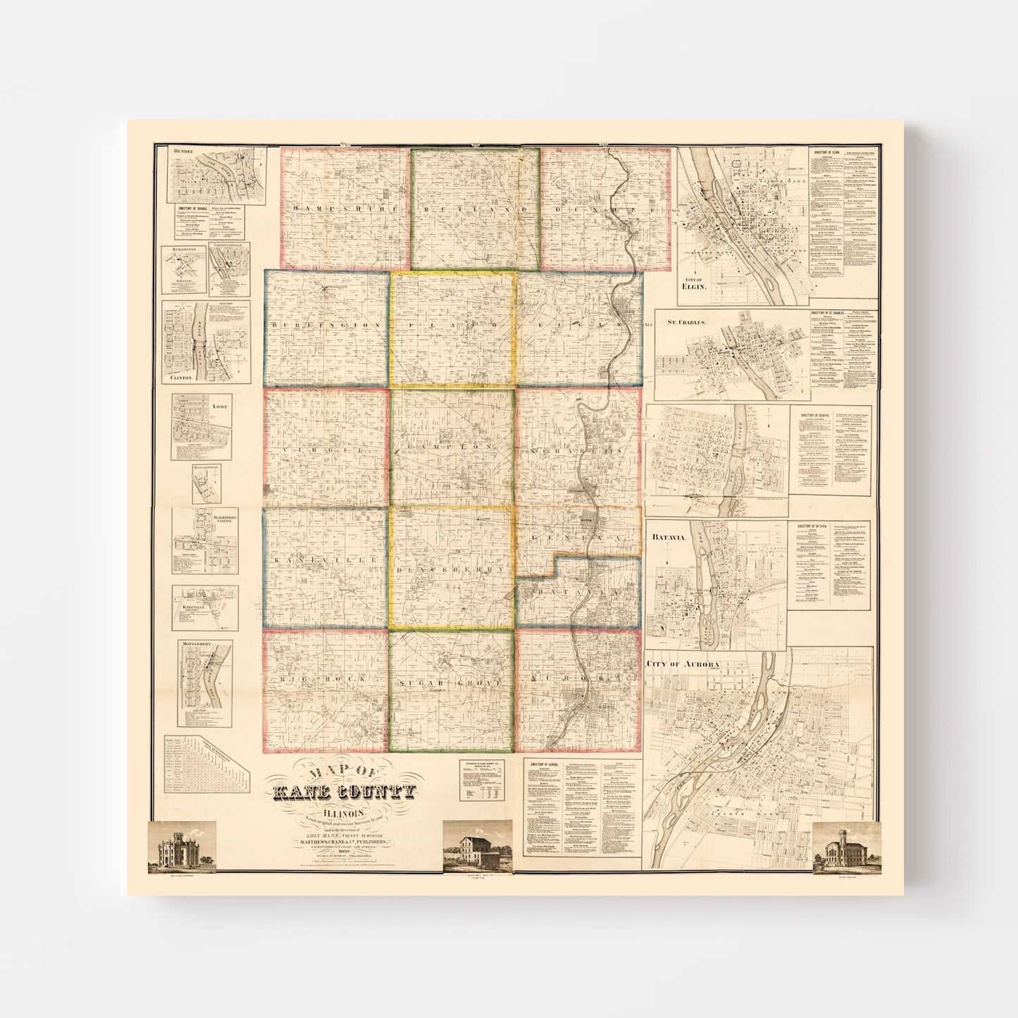 Vintage Map of Kane County, Illinois 1860