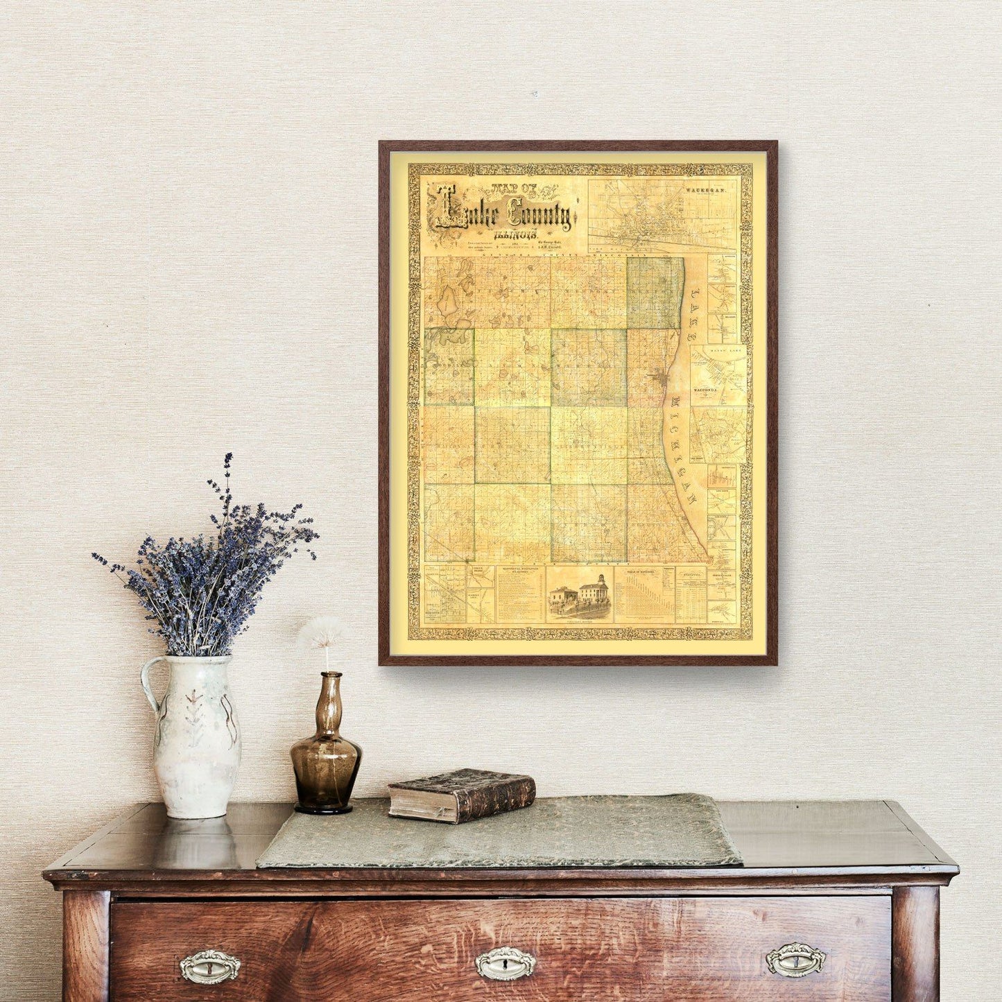 Vintage Map of Lake County, Illinois 1861