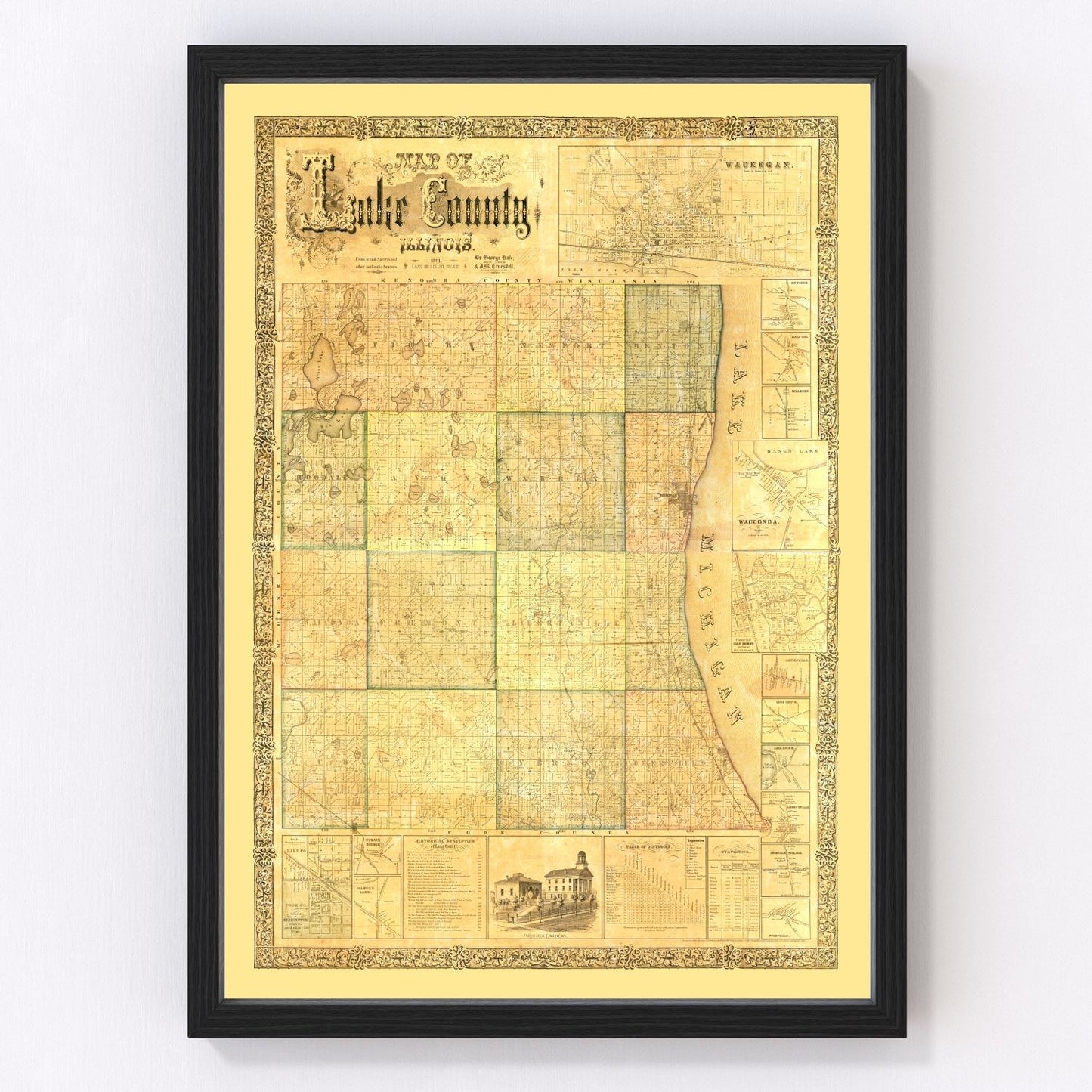 Vintage Map of Lake County, Illinois 1861