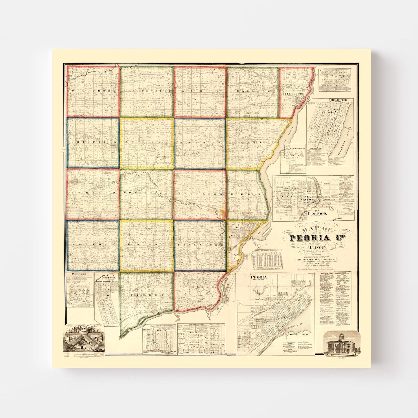 Vintage Map of Peoria County, Illinois 1861