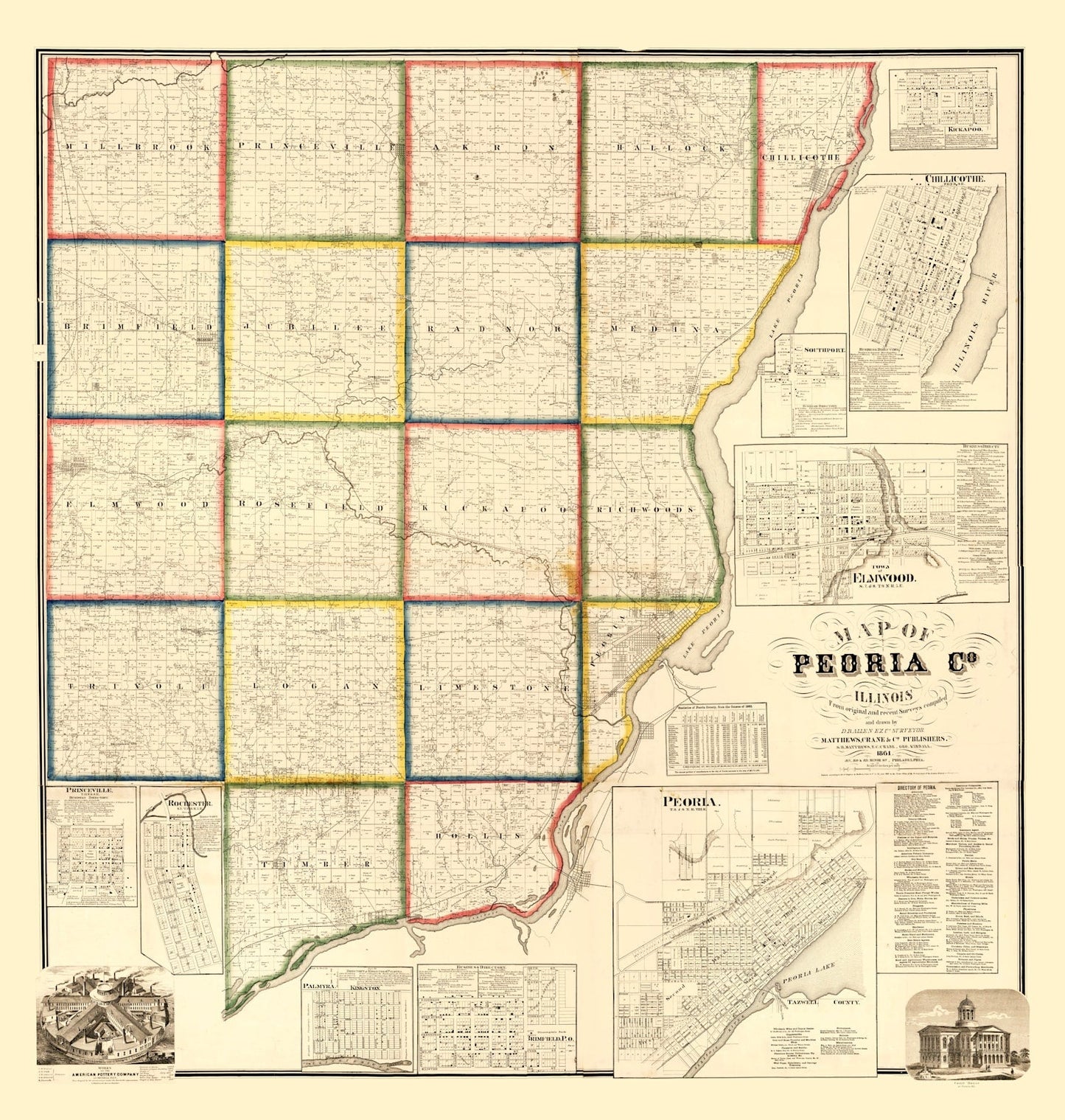Vintage Map of Peoria County, Illinois 1861