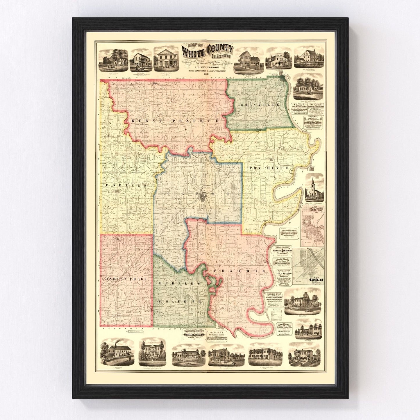 Vintage Map of White County, Illinois 1871